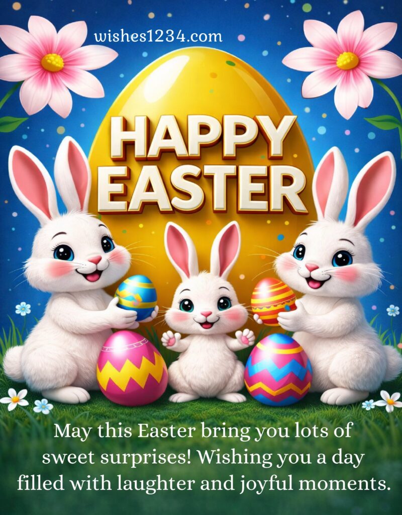 Happy Easter Message with Beautiful bunnies holding easter eggs.