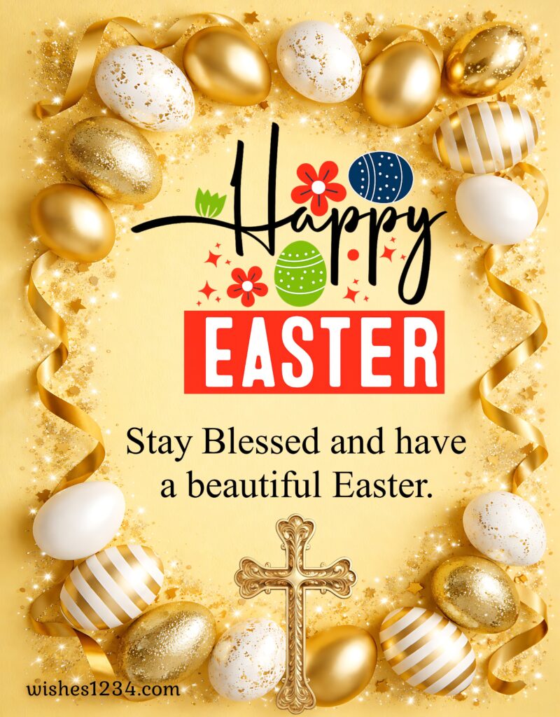 Happy Easter with golden eggs.