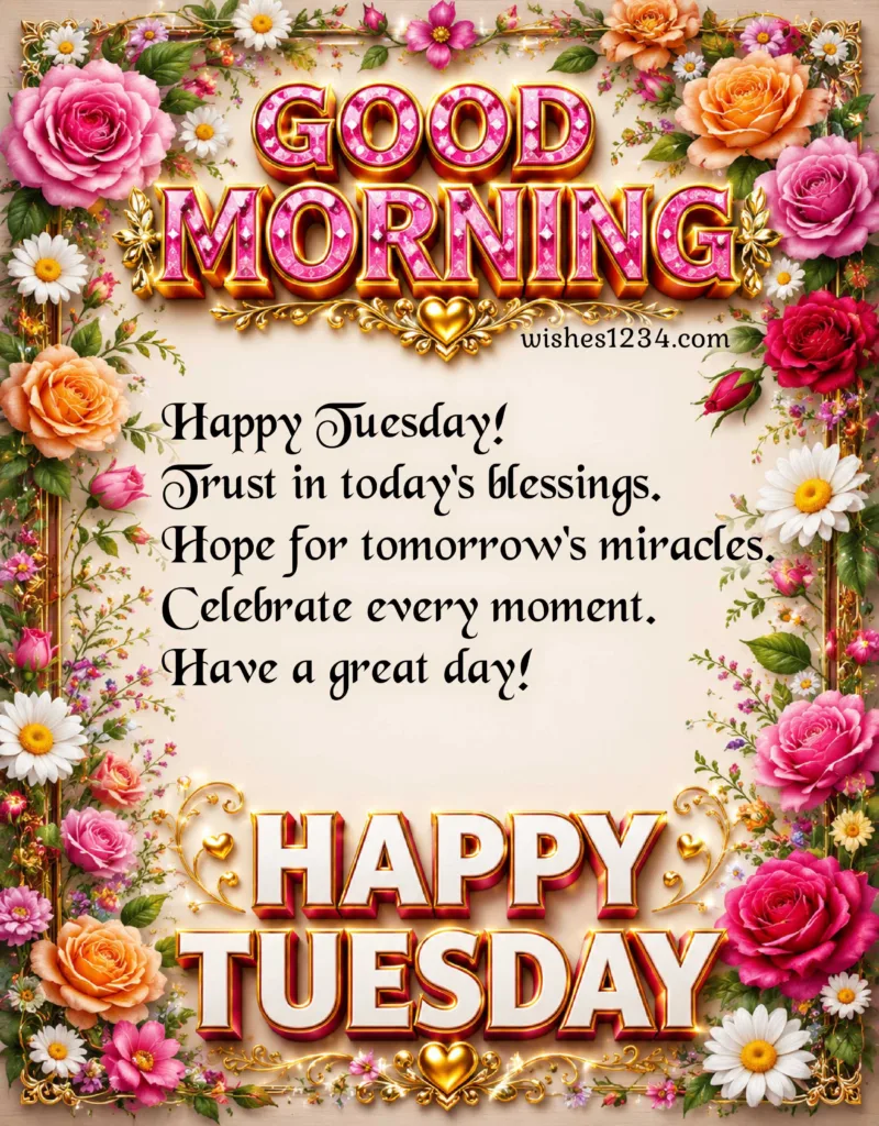 Happy Tuesday Message with flowers background.