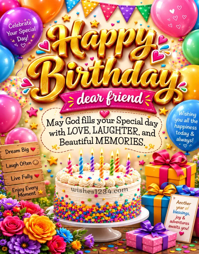 Happy Birthday Friend with beautiful cake.