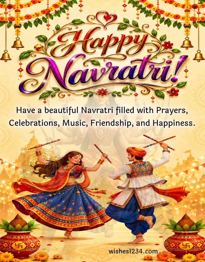 Happy Navratri image with Dandiya playing couple.