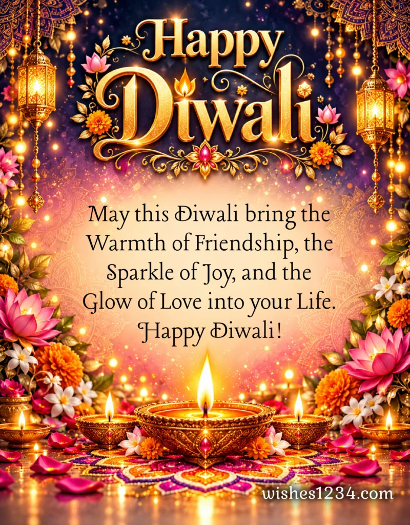 Diwali Lights and Diya image with message.