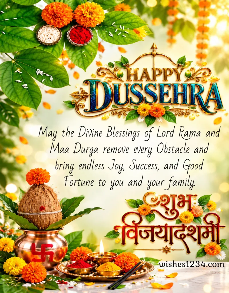 Festive Dussehra Greeting with Kalash and Marigolds.