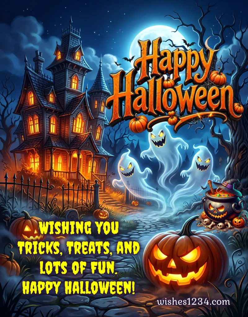 Halloween Greetings with Haunted house.